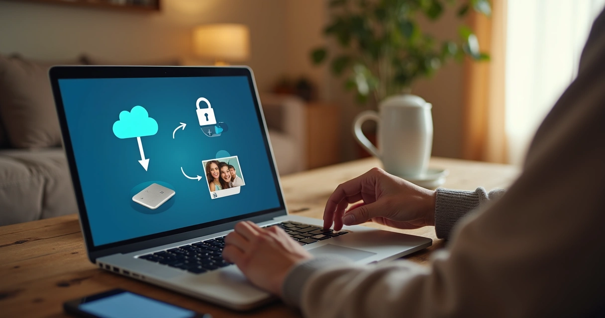 Pessoa configurando backup em dispositivos eletrônicos em casa