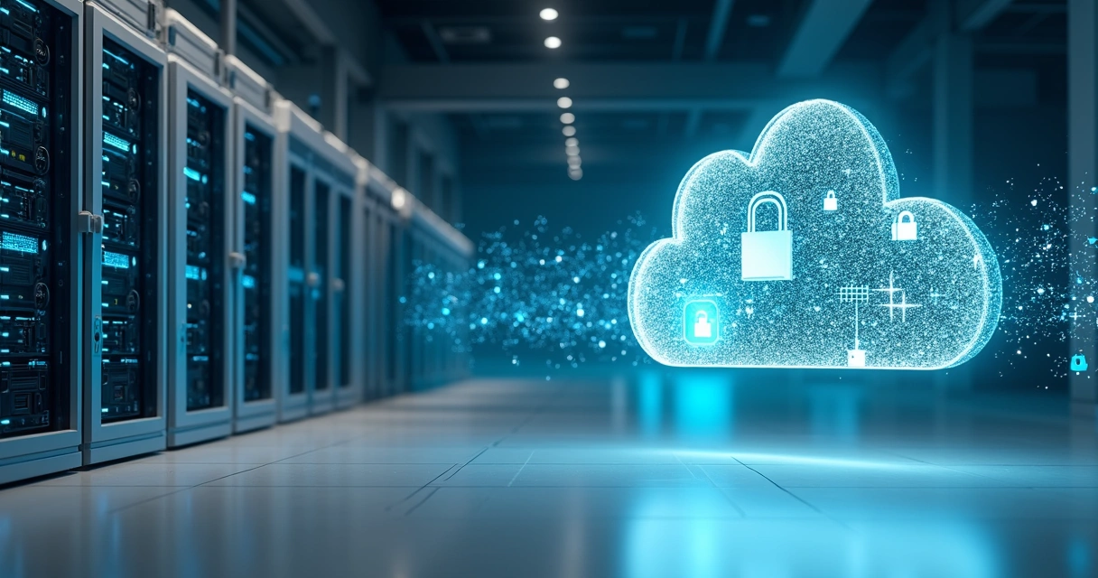 Rack de servidores de pequena empresa conectado a grande nuvem digital protegida 