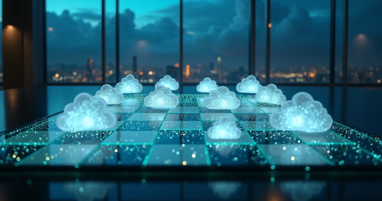 Tabuleiro de xadrez digital com data centers protegendo dados em nuvens 