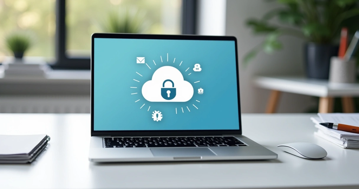 Notificações de backup em nuvem surgindo na tela de notebook aberto 