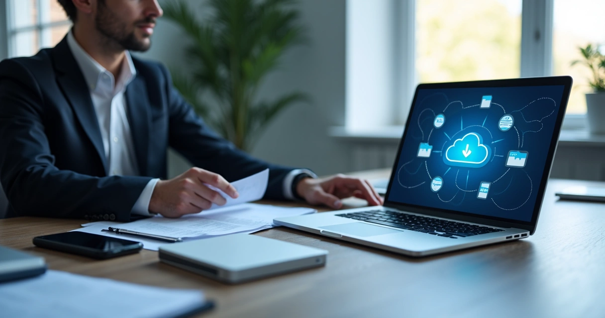 Advogado acessando backup em nuvem pelo notebook 