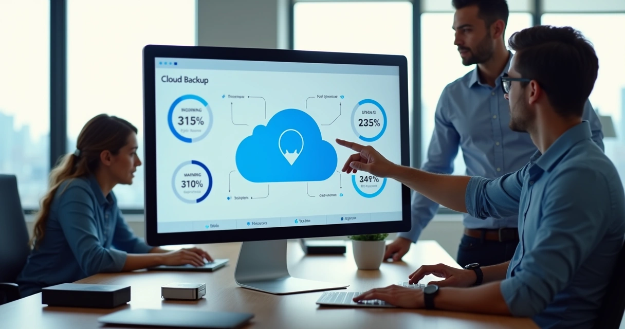 Equipe de pequena empresa olhando painel de backup em nuvem em escritório moderno 