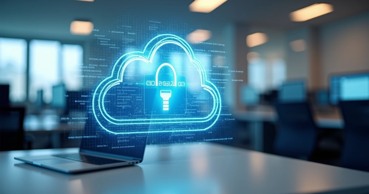 Servidor de backup em nuvem com dados protegidos por firewall digital em escritório de PME 