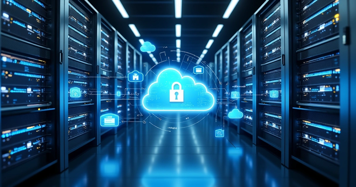 Servidor moderno com interface digital de backup em nuvem exibida em múltiplas telas 