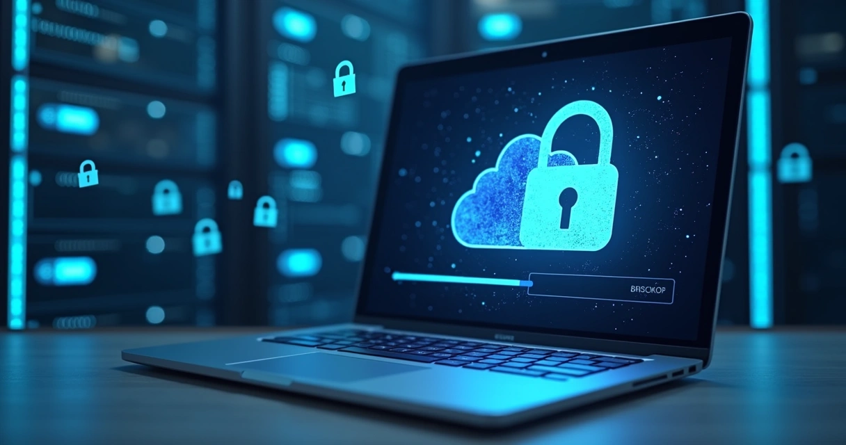 Tela de backup em nuvem com cadeado e servidor seguro ao fundo 