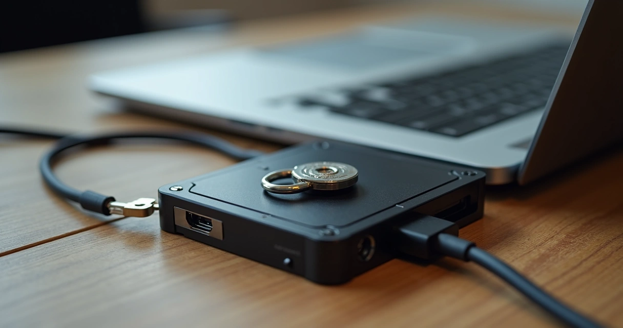 HD externo com cadeado ao lado de computador 