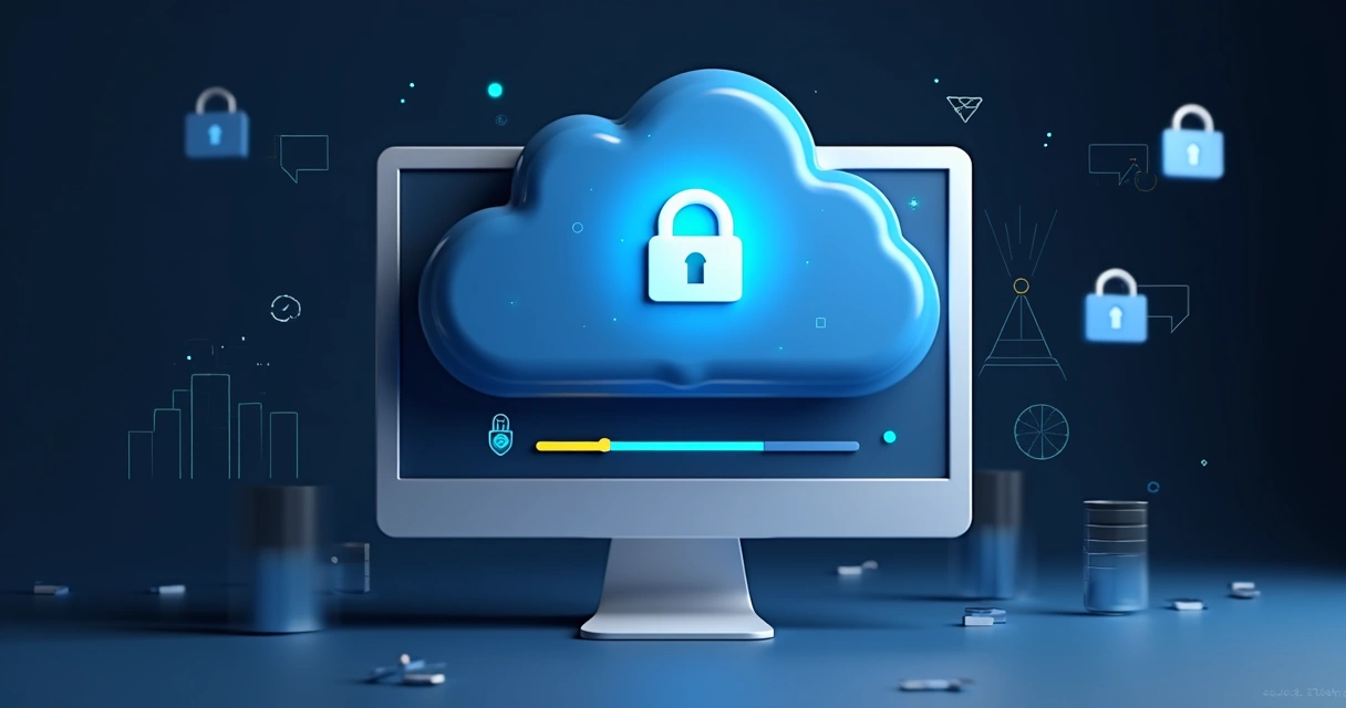 Tela de backup digital sendo feita com gráficos e nuvem azul em destaque