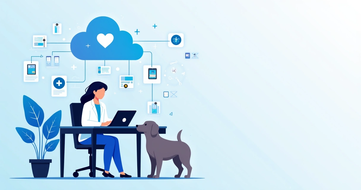 Ilustração corporativa de veterinário usando aplicativo para backup automático de prontuário na nuvem com elementos digitais ao redor 