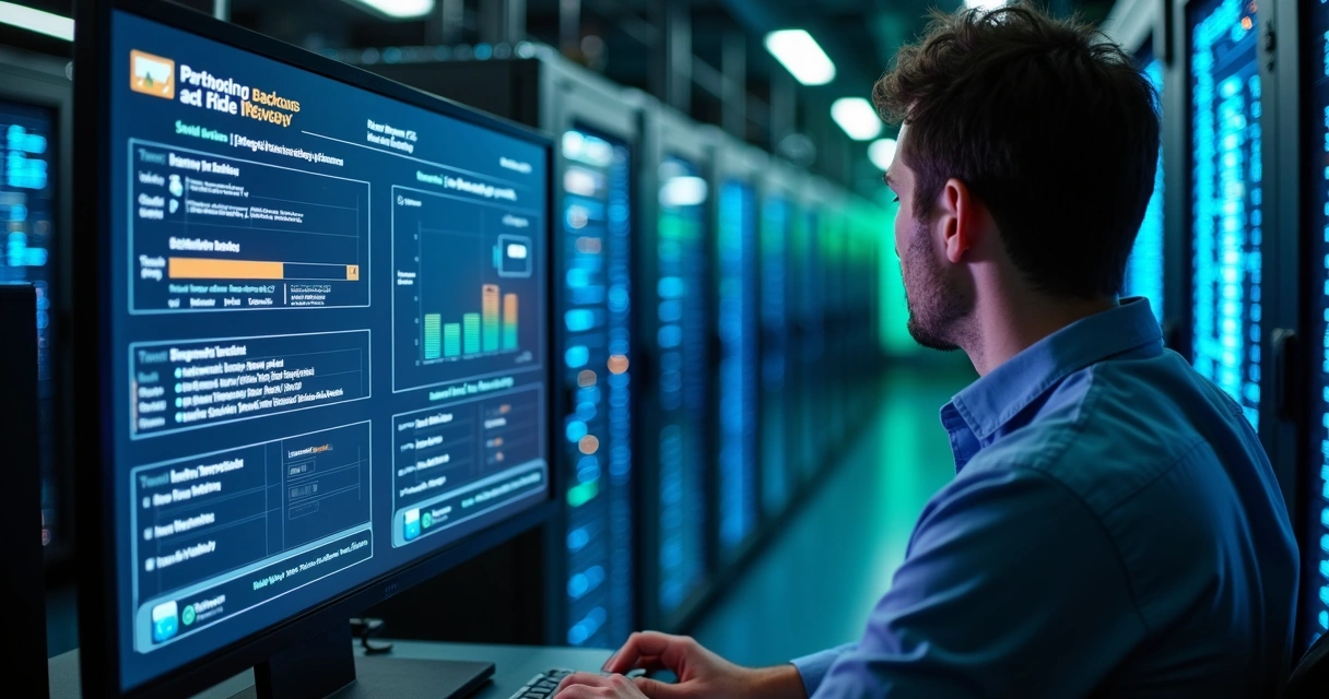 Profissional controlando restauração de dados em tela de backup em datacenter moderno 