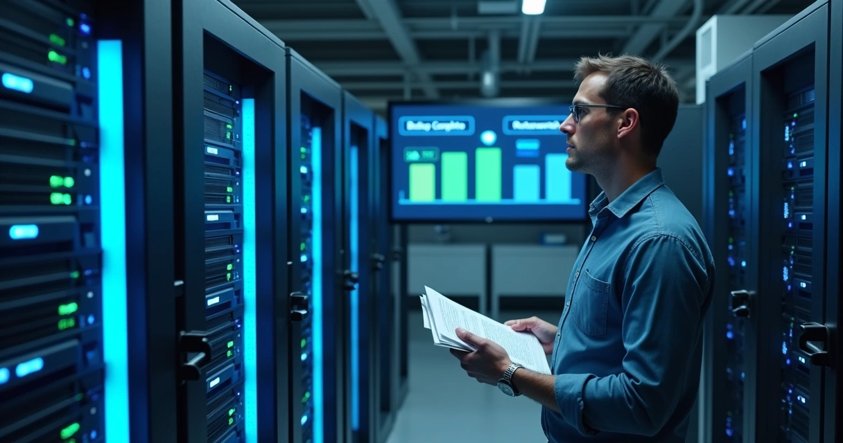 Servidor de backup moderno ao lado de tela mostrando progresso de restauração 