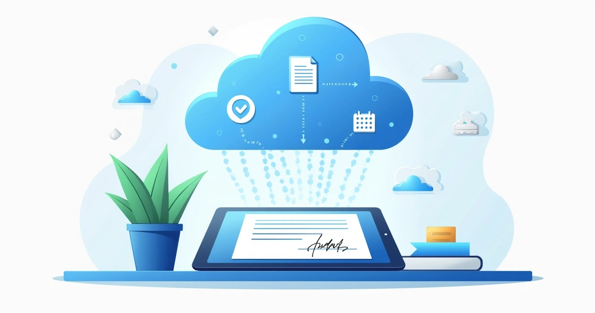 Tablet com termos digitais em uma nuvem digital, representando backup seguro 