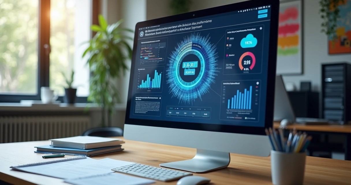 Painel de computador mostrando backup e servidor, mesa de escritório e tela com gráfico de segurança de dados 