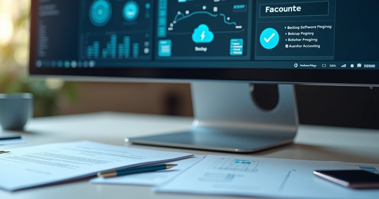 Computador com tela exibindo software de backup, ícones de segurança e nuvem, ao lado de documentos fiscais 
