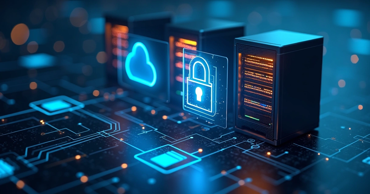 Servidores digitais com luzes azuis representando backup seguro em nuvem para um escritório de contabilidade 