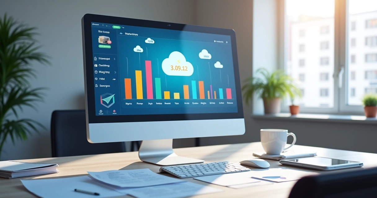 Tela de computador mostrando processo de backup digital com gráficos coloridos e ícones de nuvem 