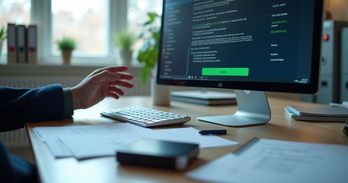 Backup de dados sendo realizado em escritório contábil, tela de computador mostra progresso de backup 