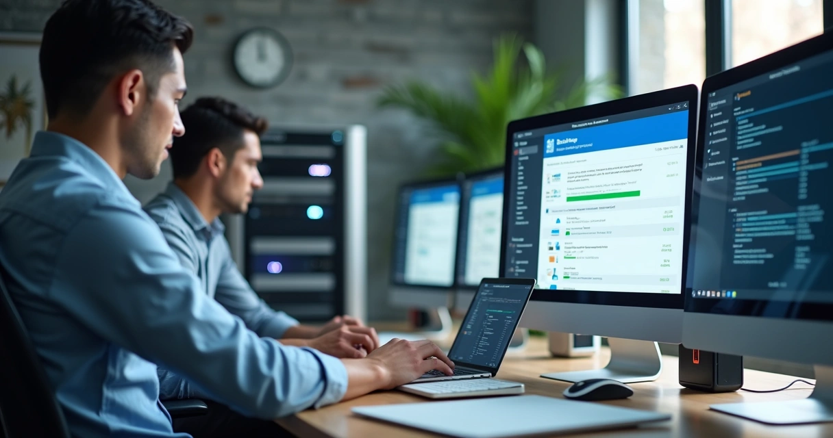 Computador e servidor com backup automático, cenário de escritório moderno, cores neutras