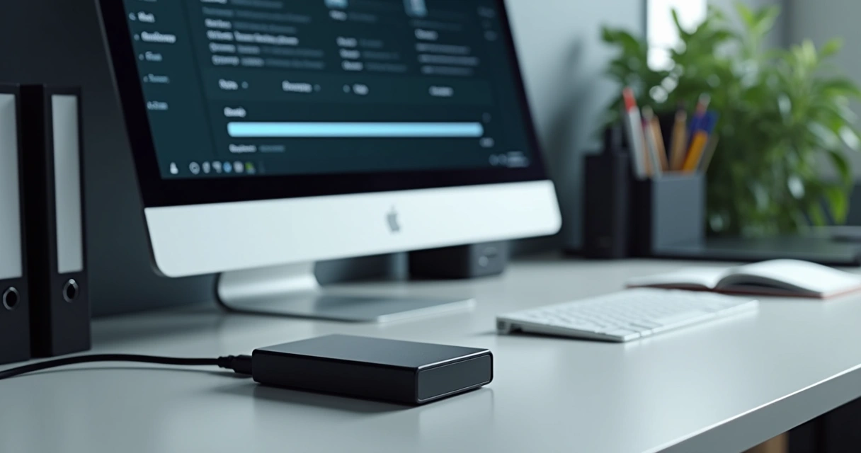 HD externo conectado a computador sobre mesa de escritório 