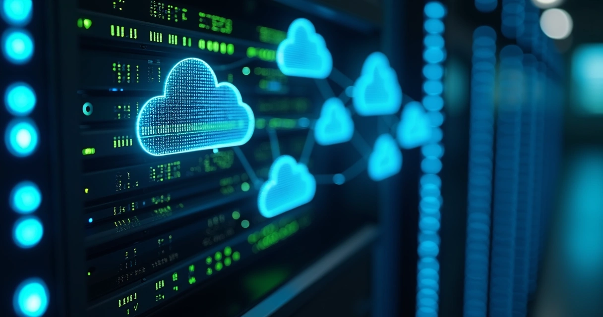 Servidor moderno com luzes LED e ícones de nuvem interligados em fundo escuro digital 