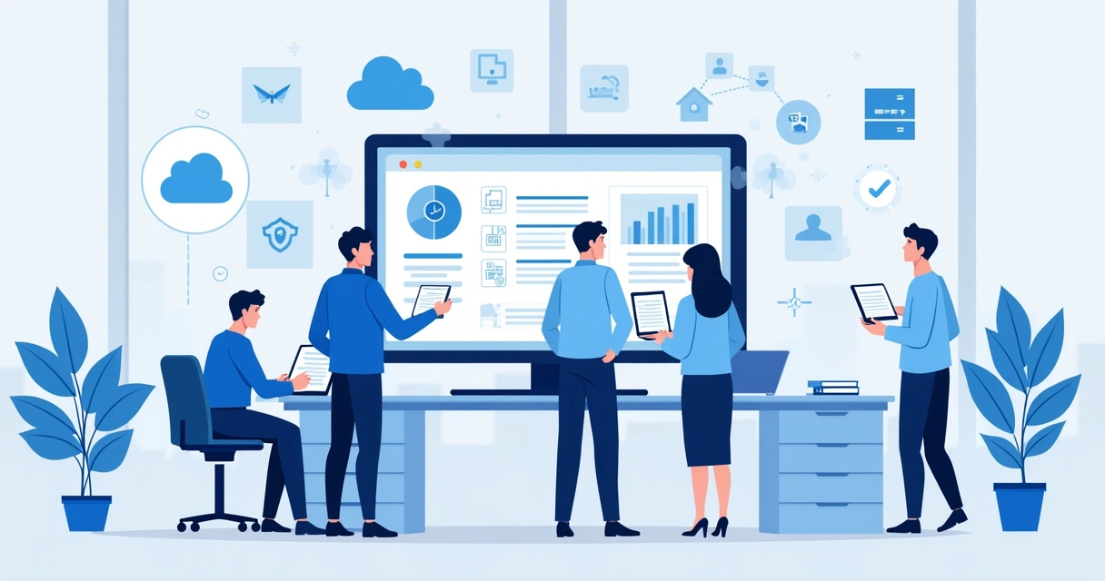 Equipe de TI em um escritório moderno monitorando uma tela grande com gráficos de backup e nuvem 