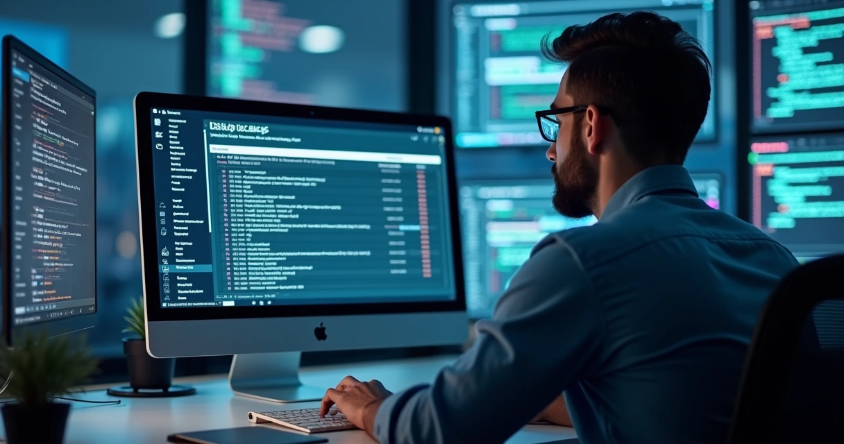 Técnico conferindo verificação de backup de banco de dados em tela de computador 