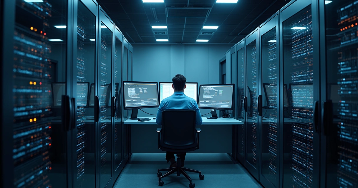 Sala de servidores com telas mostrando backup de máquinas virtuais 