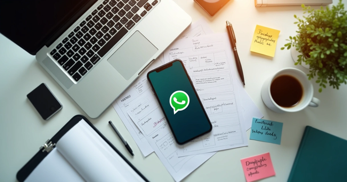Celular exibindo tela de backup do WhatsApp em um ambiente de escritório 