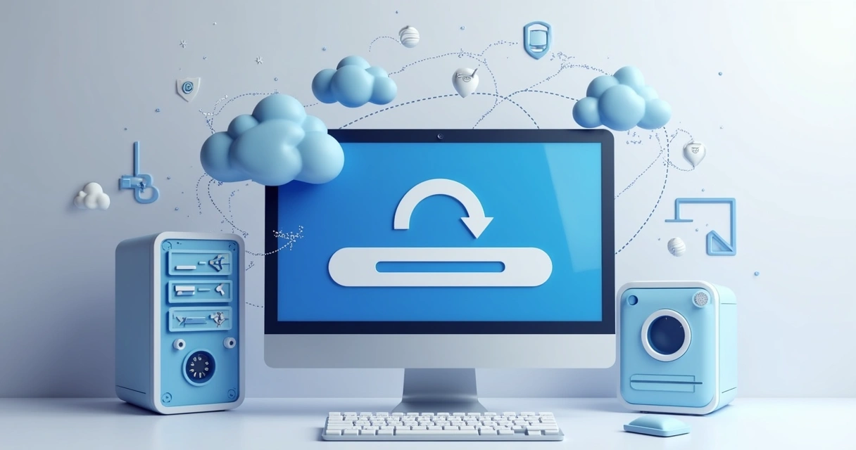 Representação visual de backup automático para site WordPress com ícones de nuvem 
