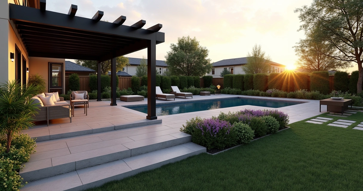 3D render of a backyard with pergola, pool, and deck