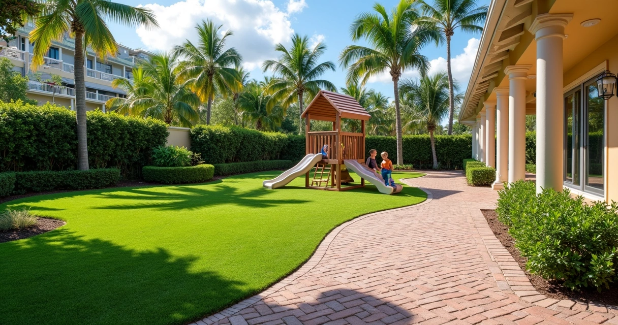 Artificial turf play area with playground equipment and paver borders 