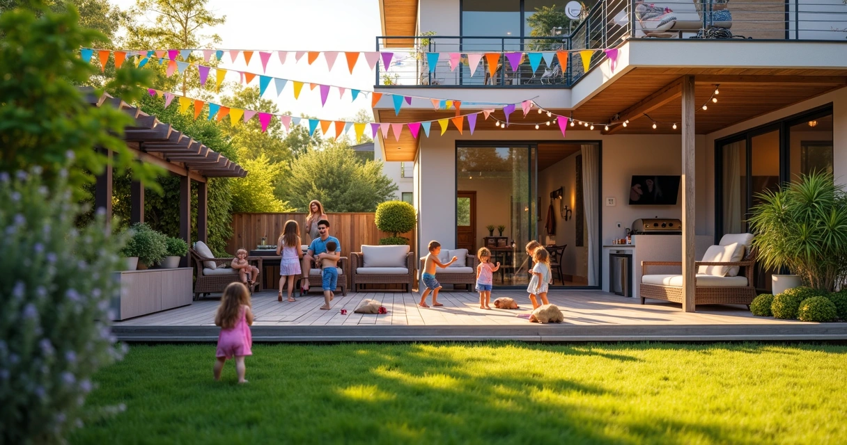 Birthday decorations on modern backyard deck