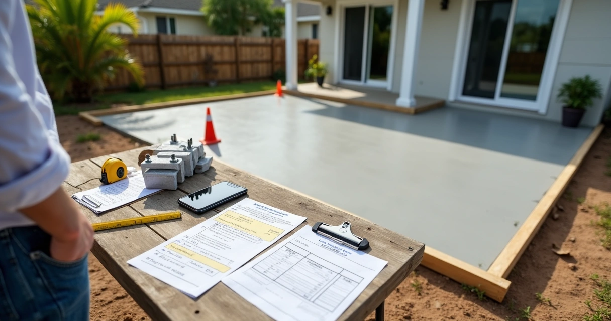 Orlando homeowner checking concrete estimate near freshly poured backyard slab 
