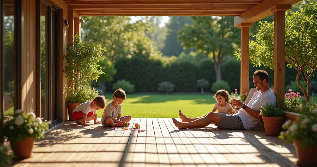 Family enjoying a wooden backyard deck with kids playing and plants around.
