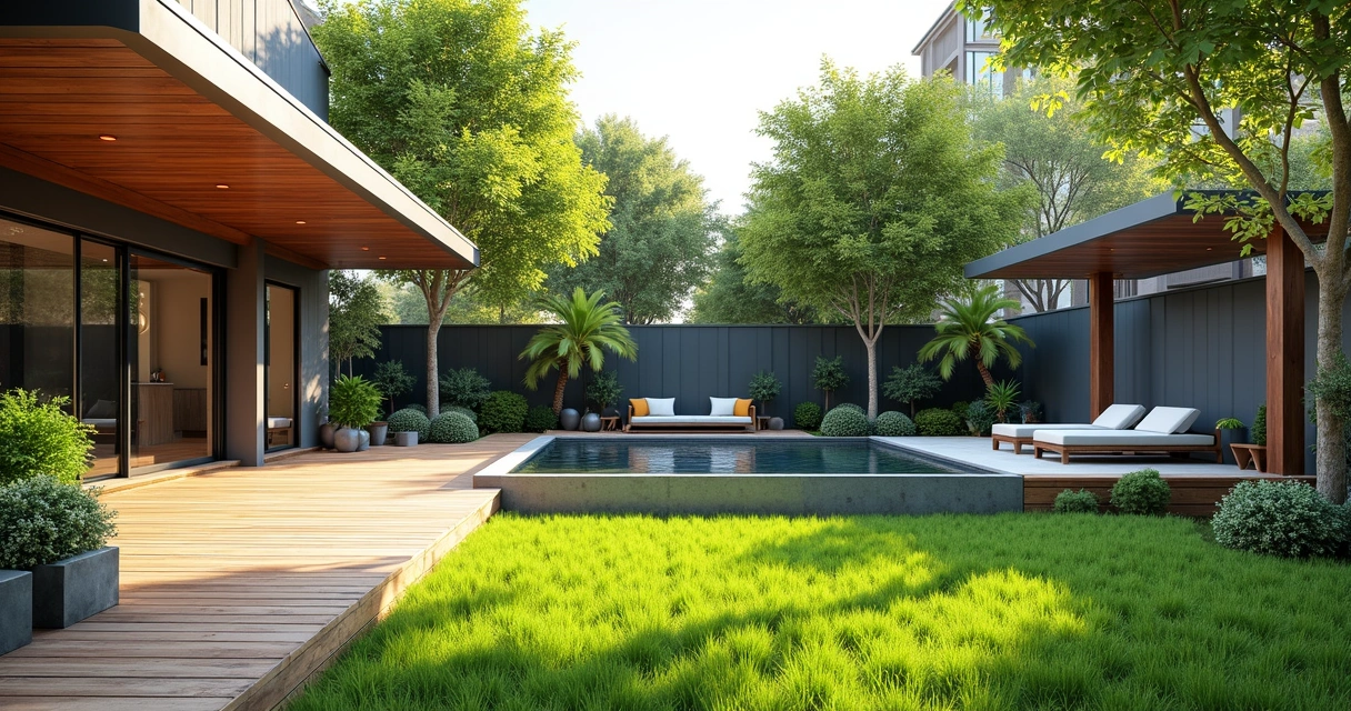 3D rendering of a backyard with patio, greenery, and pergola