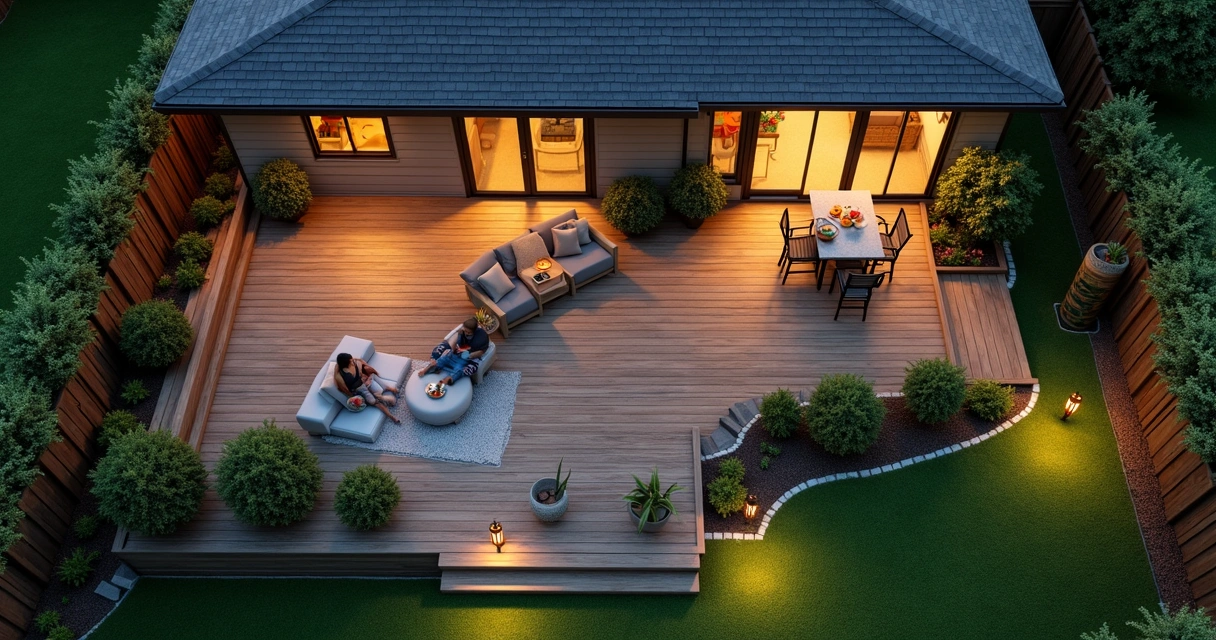 Family relaxing in a designed 3D backyard