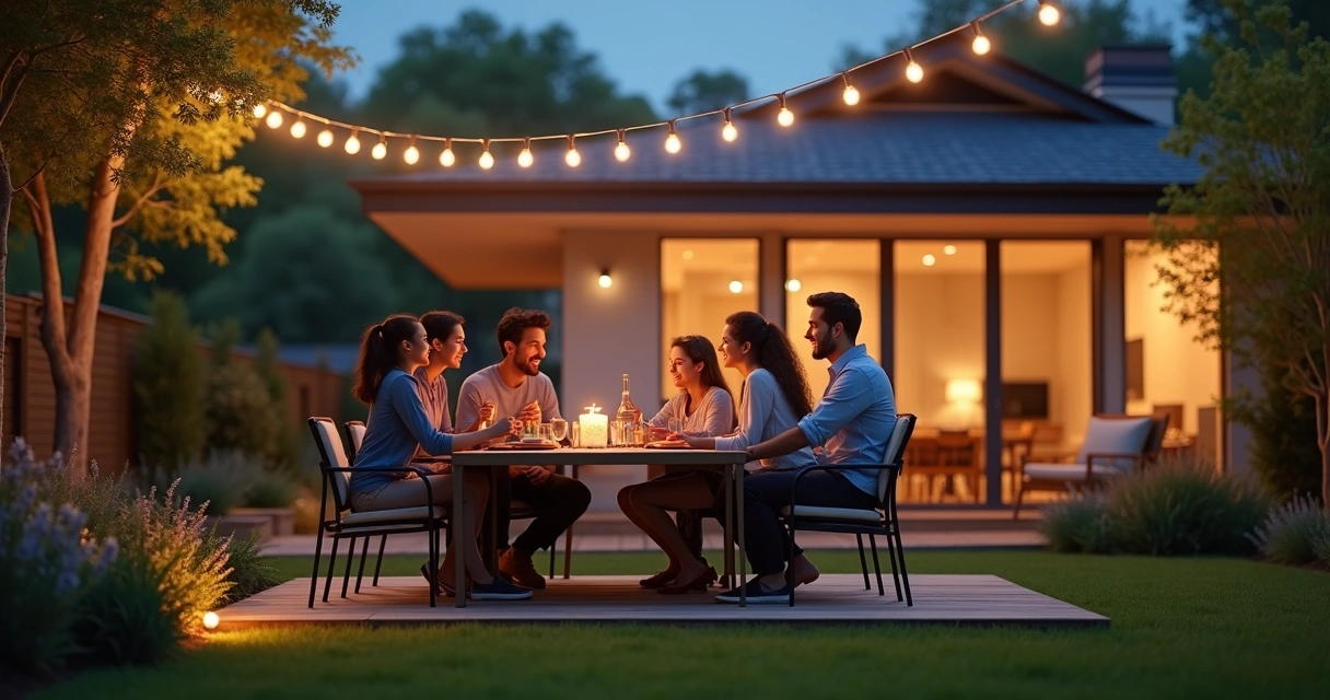 Family enjoying illuminated backyard at dusk 