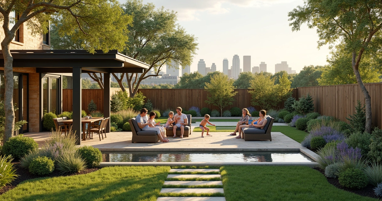 Family enjoying landscaped backyard with natural elements