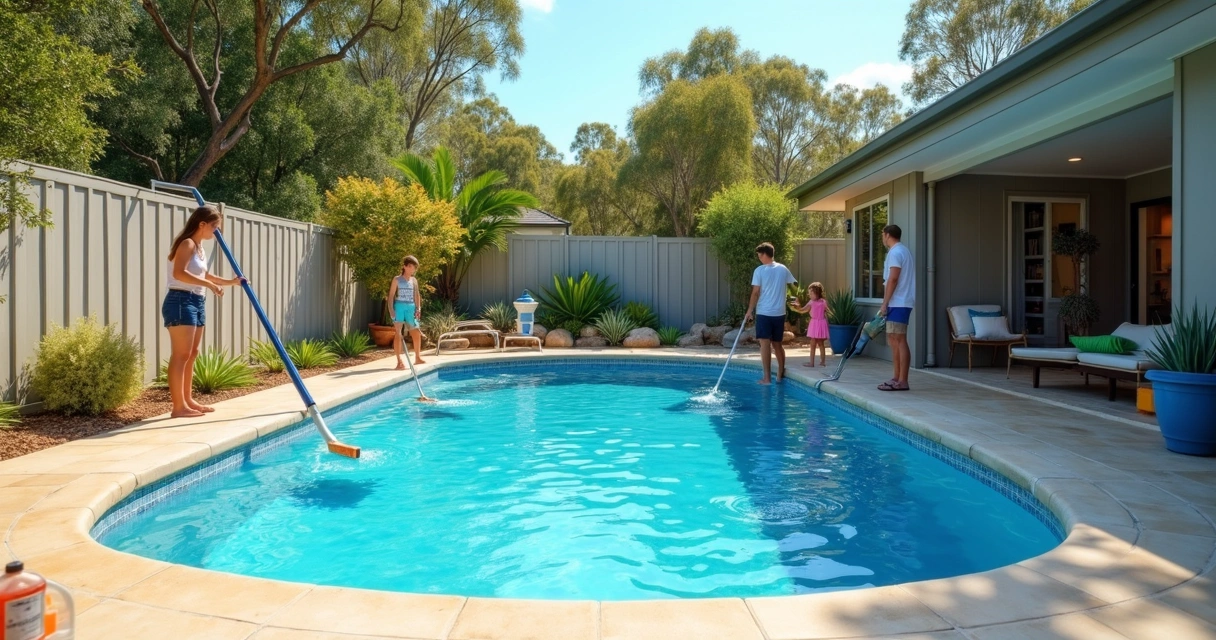 Australian family cleaning backyard pool together