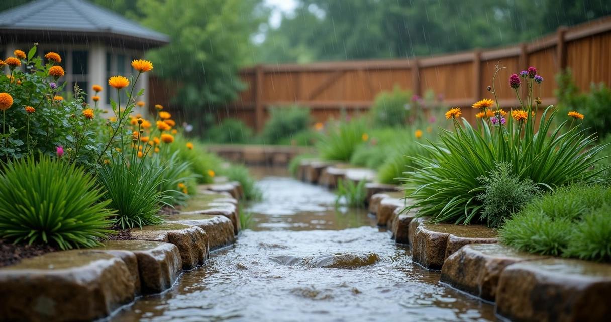 Backyard during heavy rain, raised plant beds resisting floodwater 