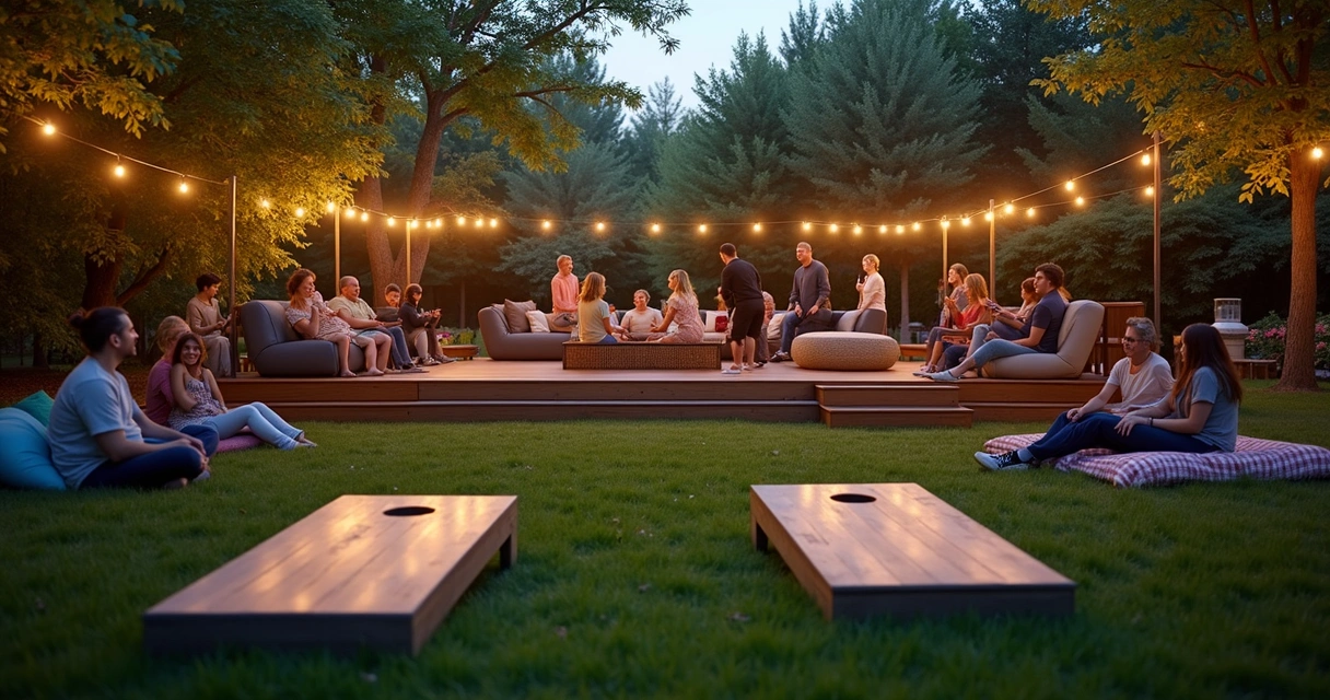 A cozy backyard divided into lawn game areas, a patio with seating, and a snack station