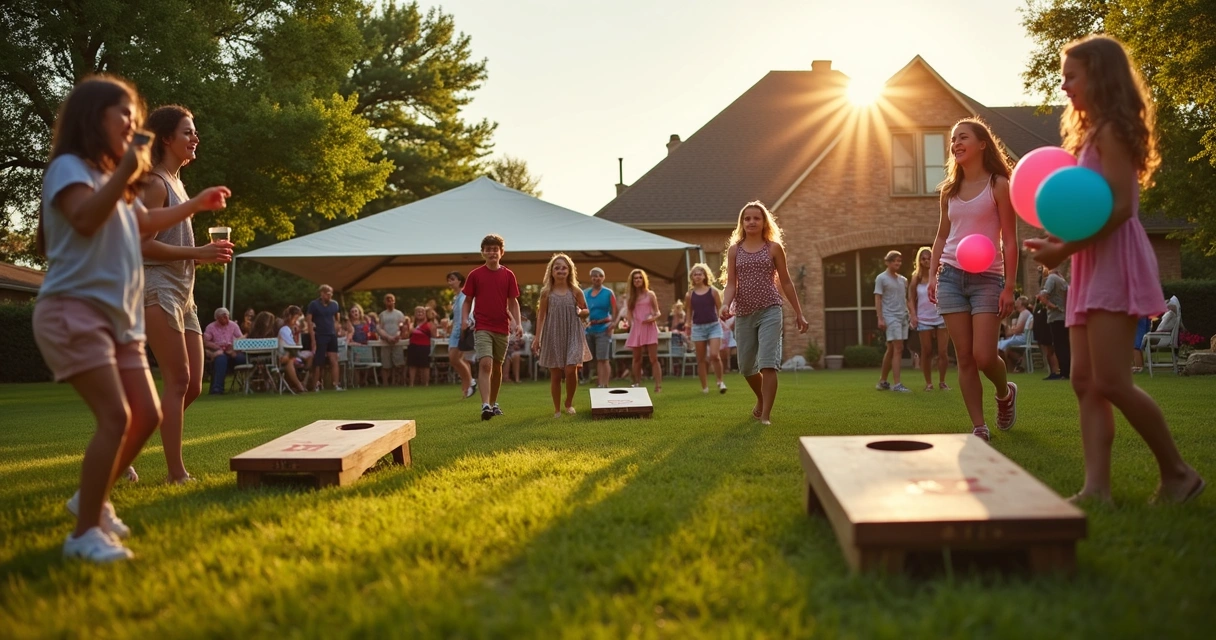 Family playing cornhole and kids with water balloons on green grass 