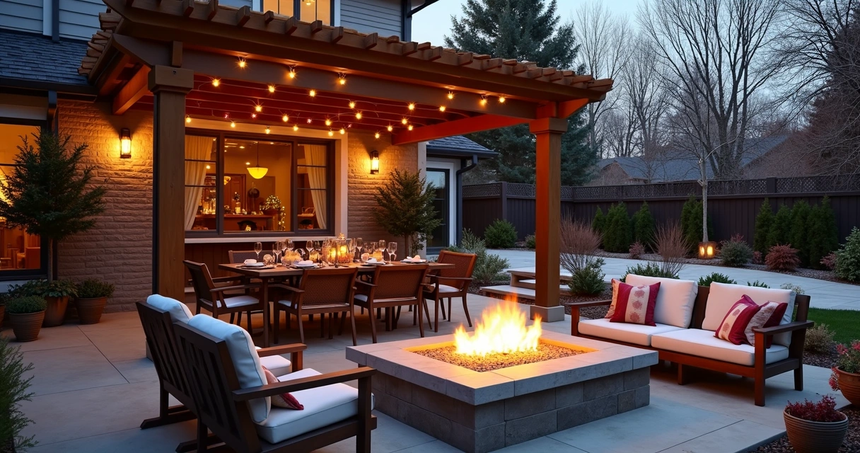 Backyard setup with a pergola, dining table, fire pit, and holiday string lights