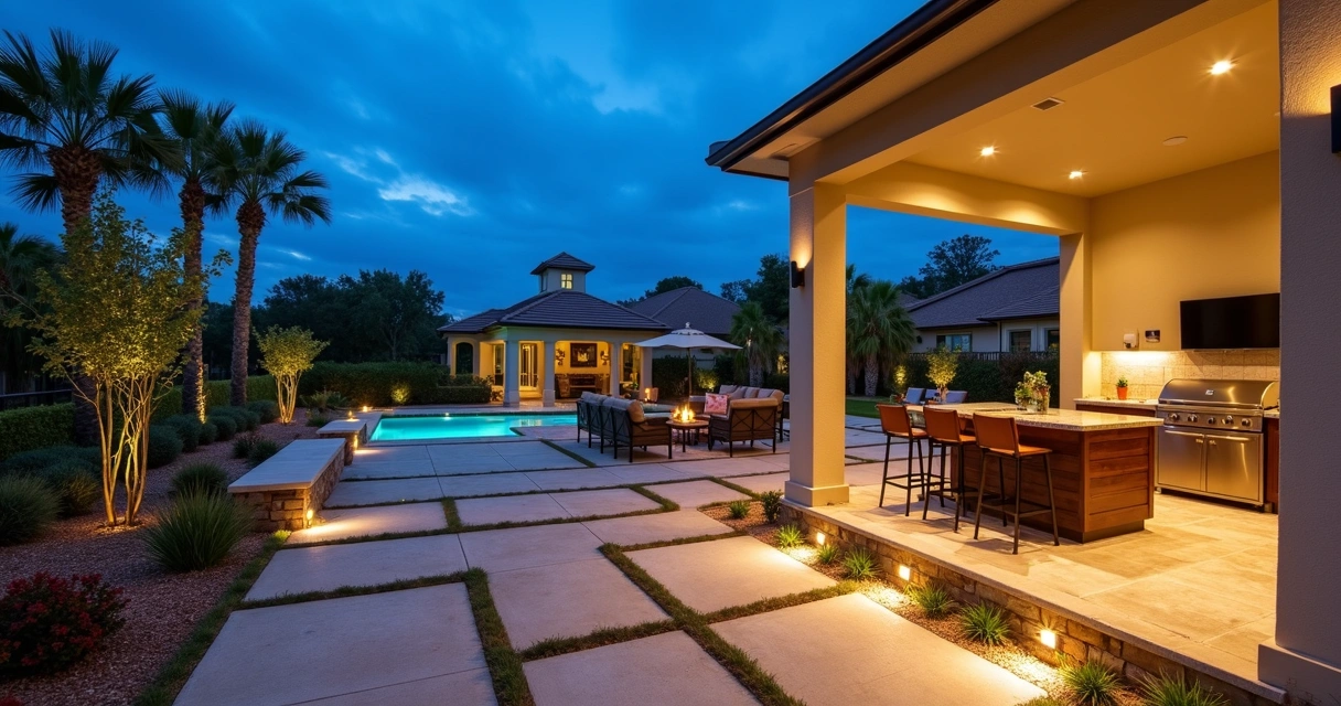 Modern backyard with lighting control stations, illuminated paths, and outdoor kitchen 