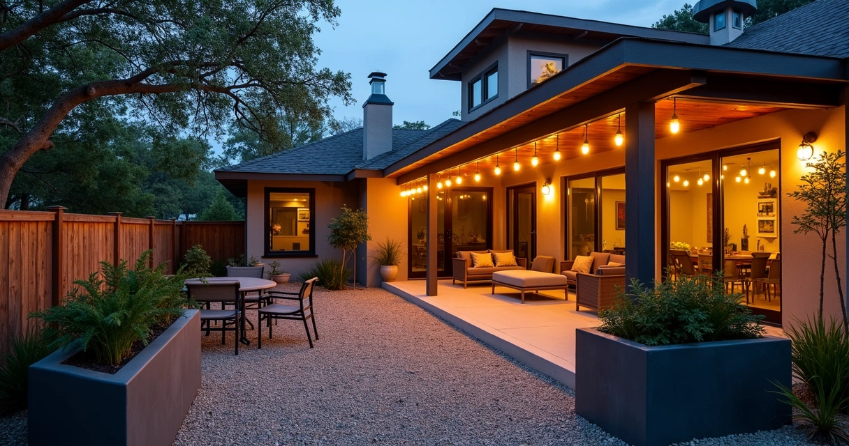 Evening backyard with string lights and native plants