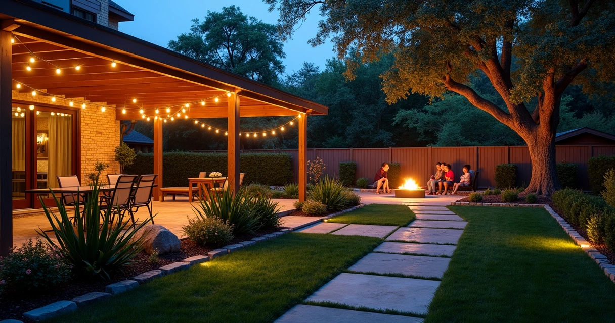 Austin backyard with evening lighting, string lights, and illuminated landscaping. 