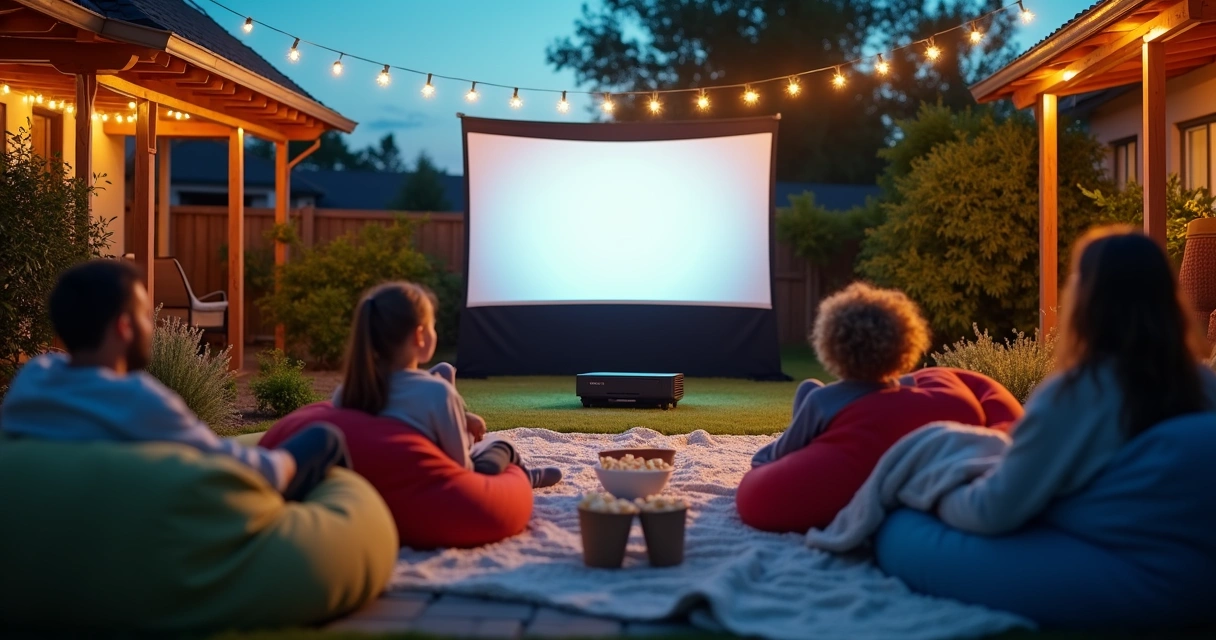 Backyard movie night with family and projector