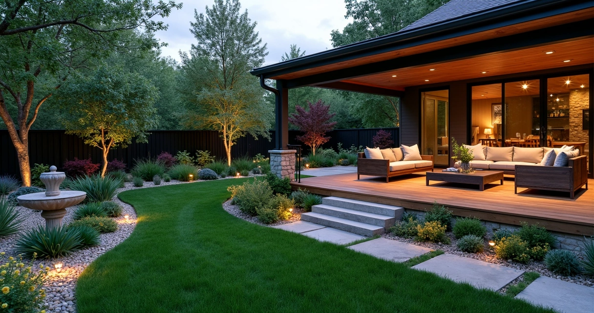 Modern Texas backyard with deck, sedges and wildflowers 