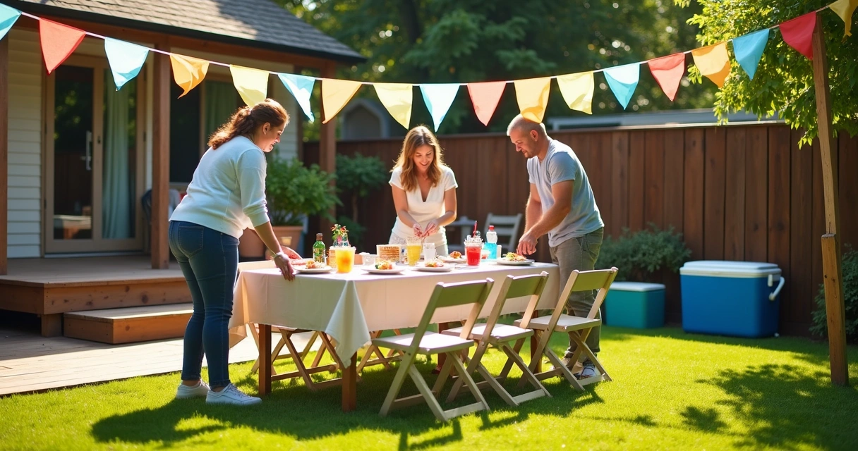 Adults setting up tables and decorations for outdoor birthday party