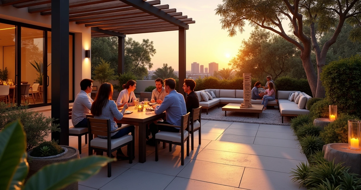 Modern patio with people playing cards and giant Jenga under a pergola