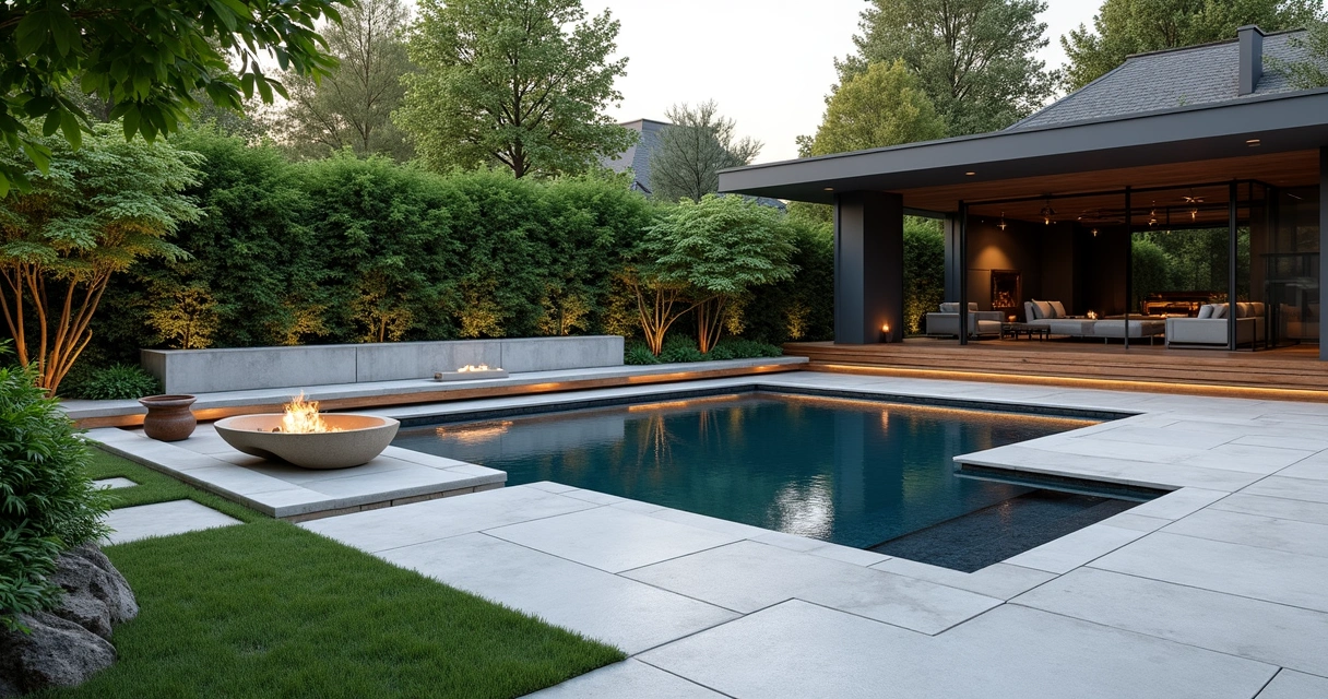 Modern backyard patio with water feature and fire bowl 